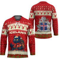 Iceland Christmas Hockey Jersey with Red Snowflake Pattern Yule Cat and National Coat of Arms Motif - Wonder Print Shop