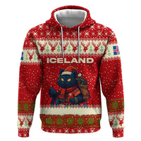 Iceland Christmas Hoodie with Red Snowflake Pattern Yule Cat and National Coat of Arms Motif - Wonder Print Shop