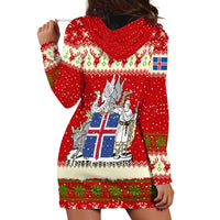 Iceland Christmas Hoodie Dress with Red Snowflake Pattern Yule Cat and National Coat of Arms Motif - Wonder Print Shop