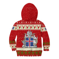 Iceland Christmas Kid Hoodie with Red Snowflake Pattern Yule Cat and National Coat of Arms Motif - Wonder Print Shop
