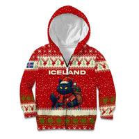 Iceland Christmas Kid Hoodie with Red Snowflake Pattern Yule Cat and National Coat of Arms Motif - Wonder Print Shop