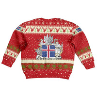 Iceland Christmas Kid Ugly Christmas Sweater with Red Snowflake Pattern Yule Cat and National Coat of Arms Motif - Wonder Print Shop