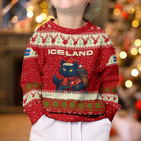Iceland Christmas Kid Ugly Christmas Sweater with Red Snowflake Pattern Yule Cat and National Coat of Arms Motif - Wonder Print Shop