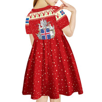 Iceland Christmas Kid Short Sleeve Dress with Red Snowflake Pattern Yule Cat and National Coat of Arms Motif - Wonder Print Shop