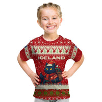 Iceland Christmas Kid T Shirt with Red Snowflake Pattern Yule Cat and National Coat of Arms Motif - Wonder Print Shop