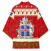 Iceland Christmas Kimono with Red Snowflake Pattern Yule Cat and National Coat of Arms Motif - Wonder Print Shop