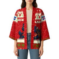 Iceland Christmas Kimono with Red Snowflake Pattern Yule Cat and National Coat of Arms Motif - Wonder Print Shop