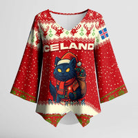 Iceland Christmas Kimono Sleeve Blouse with Red Snowflake Pattern Yule Cat and National Coat of Arms Motif - Wonder Print Shop