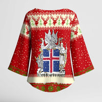 Iceland Christmas Kimono Sleeve Blouse with Red Snowflake Pattern Yule Cat and National Coat of Arms Motif - Wonder Print Shop