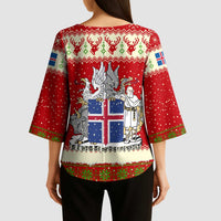 Iceland Christmas Kimono Sleeve Blouse with Red Snowflake Pattern Yule Cat and National Coat of Arms Motif - Wonder Print Shop