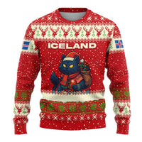 Iceland Christmas Ugly Christmas Sweater with Red Snowflake Pattern Yule Cat and National Coat of Arms Motif - Wonder Print Shop