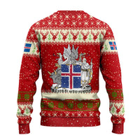 Iceland Christmas Ugly Christmas Sweater with Red Snowflake Pattern Yule Cat and National Coat of Arms Motif - Wonder Print Shop