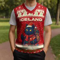 Iceland Christmas Knitted V-Neck Vest with Red Snowflake Pattern Yule Cat and National Coat of Arms Motif - Wonder Print Shop