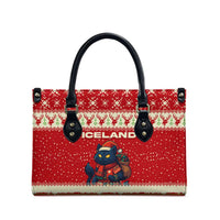 Iceland Christmas Leather Bag with Red Snowflake Pattern Yule Cat and National Coat of Arms Motif - Wonder Print Shop