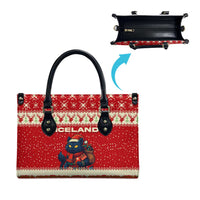 Iceland Christmas Leather Bag with Red Snowflake Pattern Yule Cat and National Coat of Arms Motif - Wonder Print Shop
