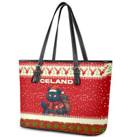 Iceland Christmas Leather Tote Bag with Red Snowflake Pattern Yule Cat and National Coat of Arms Motif - Wonder Print Shop