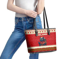Iceland Christmas Leather Tote Bag with Red Snowflake Pattern Yule Cat and National Coat of Arms Motif - Wonder Print Shop
