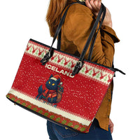 Iceland Christmas Leather Tote Bag with Red Snowflake Pattern Yule Cat and National Coat of Arms Motif - Wonder Print Shop