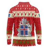 Iceland Christmas Long Sleeve Polo Shirt with Red Snowflake Pattern Yule Cat and National Coat of Arms Motif - Wonder Print Shop