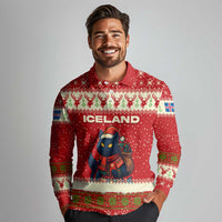 Iceland Christmas Long Sleeve Polo Shirt with Red Snowflake Pattern Yule Cat and National Coat of Arms Motif - Wonder Print Shop