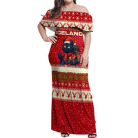 Iceland Christmas Off Shoulder Maxi Dress with Red Snowflake Pattern Yule Cat and National Coat of Arms Motif - Wonder Print Shop