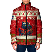 Iceland Christmas Padded Jacket with Red Snowflake Pattern Yule Cat and National Coat of Arms Motif - Wonder Print Shop