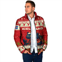 Iceland Christmas Padded Jacket with Red Snowflake Pattern Yule Cat and National Coat of Arms Motif - Wonder Print Shop