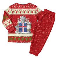 Iceland Christmas Pajama Set with Red Snowflake Pattern Yule Cat and National Coat of Arms Motif - Wonder Print Shop