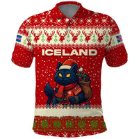 Iceland Christmas Polo Shirt with Red Snowflake Pattern Yule Cat and National Coat of Arms Motif - Wonder Print Shop