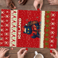 Iceland Christmas Puzzle with Red Snowflake Pattern Yule Cat and National Coat of Arms Motif - Wonder Print Shop