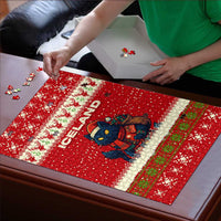 Iceland Christmas Puzzle with Red Snowflake Pattern Yule Cat and National Coat of Arms Motif - Wonder Print Shop