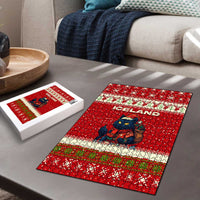 Iceland Christmas Puzzle with Red Snowflake Pattern Yule Cat and National Coat of Arms Motif - Wonder Print Shop