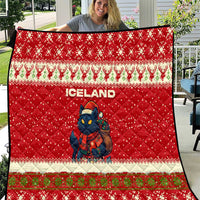 Iceland Christmas Quilt with Red Snowflake Pattern Yule Cat and National Coat of Arms Motif - Wonder Print Shop