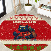 Iceland Christmas Round Carpet with Red Snowflake Pattern Yule Cat and National Coat of Arms Motif - Wonder Print Shop