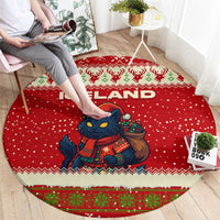 Iceland Christmas Round Carpet with Red Snowflake Pattern Yule Cat and National Coat of Arms Motif - Wonder Print Shop