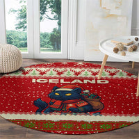 Iceland Christmas Round Carpet with Red Snowflake Pattern Yule Cat and National Coat of Arms Motif - Wonder Print Shop