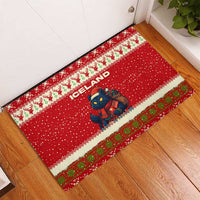 Iceland Christmas Rubber Doormat with Red Snowflake Pattern Yule Cat and National Coat of Arms Motif - Wonder Print Shop