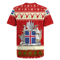 Iceland Christmas Rugby Jersey with Red Snowflake Pattern Yule Cat and National Coat of Arms Motif - Wonder Print Shop