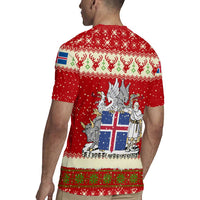 Iceland Christmas Rugby Jersey with Red Snowflake Pattern Yule Cat and National Coat of Arms Motif - Wonder Print Shop
