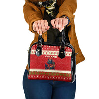 Iceland Christmas Shoulder Handbag with Red Snowflake Pattern Yule Cat and National Coat of Arms Motif - Wonder Print Shop