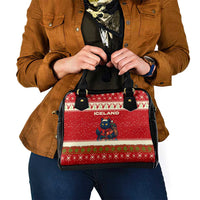 Iceland Christmas Shoulder Handbag with Red Snowflake Pattern Yule Cat and National Coat of Arms Motif - Wonder Print Shop