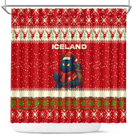 Iceland Christmas Shower Curtain with Red Snowflake Pattern Yule Cat and National Coat of Arms Motif - Wonder Print Shop