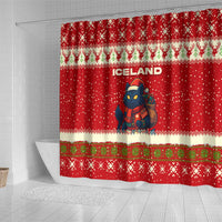 Iceland Christmas Shower Curtain with Red Snowflake Pattern Yule Cat and National Coat of Arms Motif - Wonder Print Shop