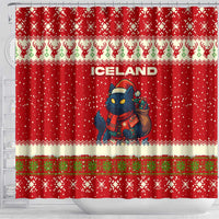 Iceland Christmas Shower Curtain with Red Snowflake Pattern Yule Cat and National Coat of Arms Motif - Wonder Print Shop