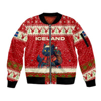 Iceland Christmas Sleeve Zip Bomber Jacket with Red Snowflake Pattern Yule Cat and National Coat of Arms Motif - Wonder Print Shop