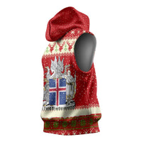 Iceland Christmas Sleeveless Hoodie with Red Snowflake Pattern Yule Cat and National Coat of Arms Motif - Wonder Print Shop