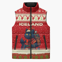 Iceland Christmas Sleeveless Puffer Jacket with Red Snowflake Pattern Yule Cat and National Coat of Arms Motif - Wonder Print Shop