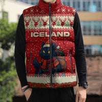 Iceland Christmas Sleeveless Puffer Jacket with Red Snowflake Pattern Yule Cat and National Coat of Arms Motif - Wonder Print Shop