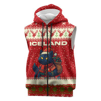 Iceland Christmas Sleeveless Zip Hoodie with Red Snowflake Pattern Yule Cat and National Coat of Arms Motif - Wonder Print Shop