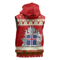 Iceland Christmas Sleeveless Zip Hoodie with Red Snowflake Pattern Yule Cat and National Coat of Arms Motif - Wonder Print Shop